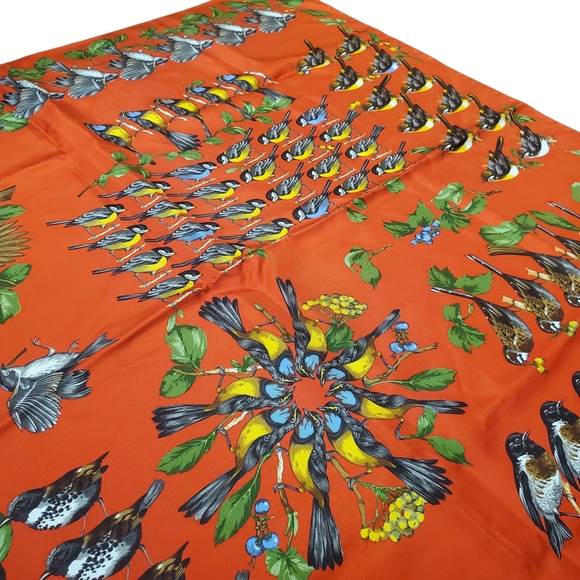 100% Silk Bird Print Scarf. 34" x 34". Orangish Red w/ Multicolor Birds - Picture 2 of 13